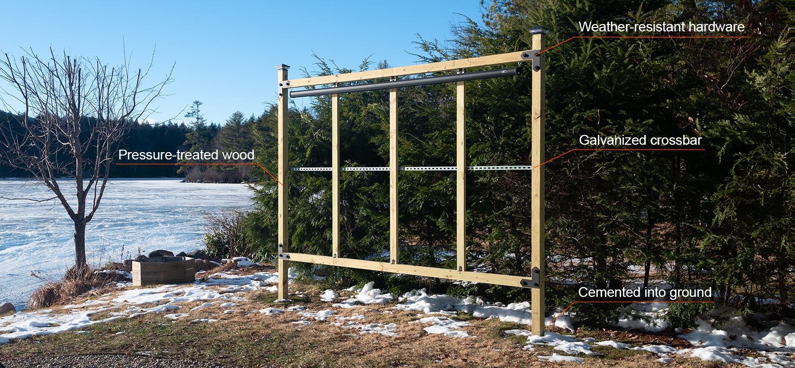 Timberline Cemented Screen Frame and Wired Outdoor Movie Theater setup in the winter.