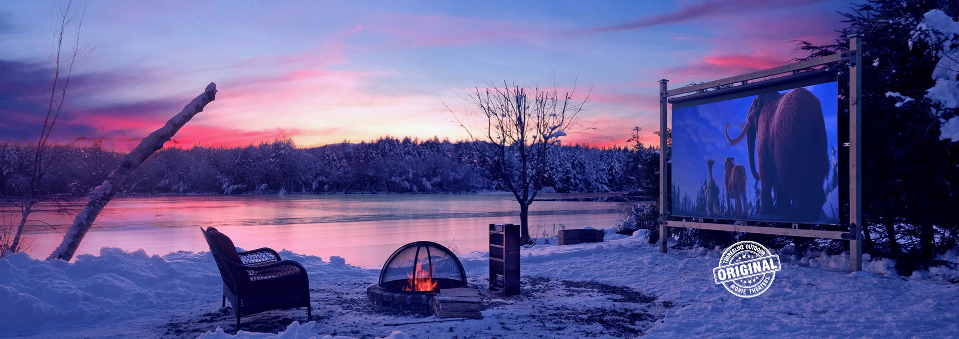 How to build an outdoor movie theater. Outdoor theater setup in front of a lake in the winter.